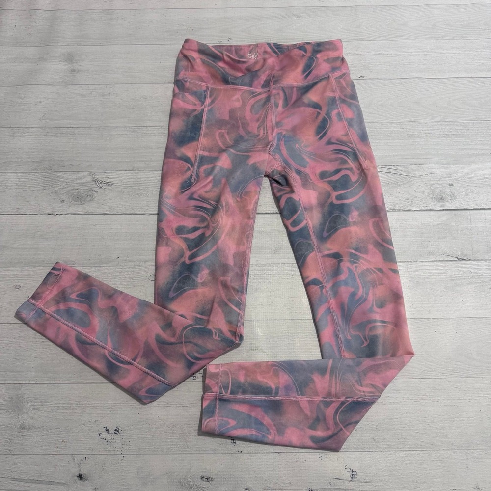 Athleta girl high rise stash your tights pink blue marbled leggings 8/10